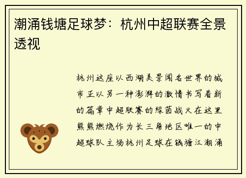 潮涌钱塘足球梦:杭州中超联赛全景透视