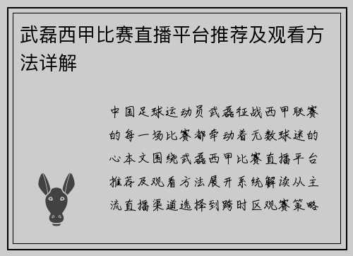 武磊西甲比赛直播平台推荐及观看方法详解